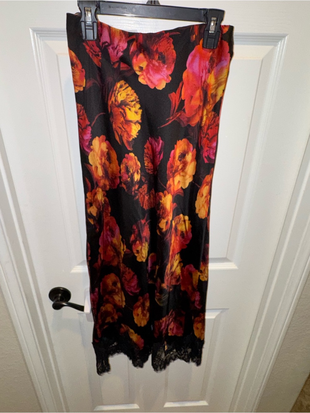 Vici Black Floral satin Slip Skirt with Lace Hem
